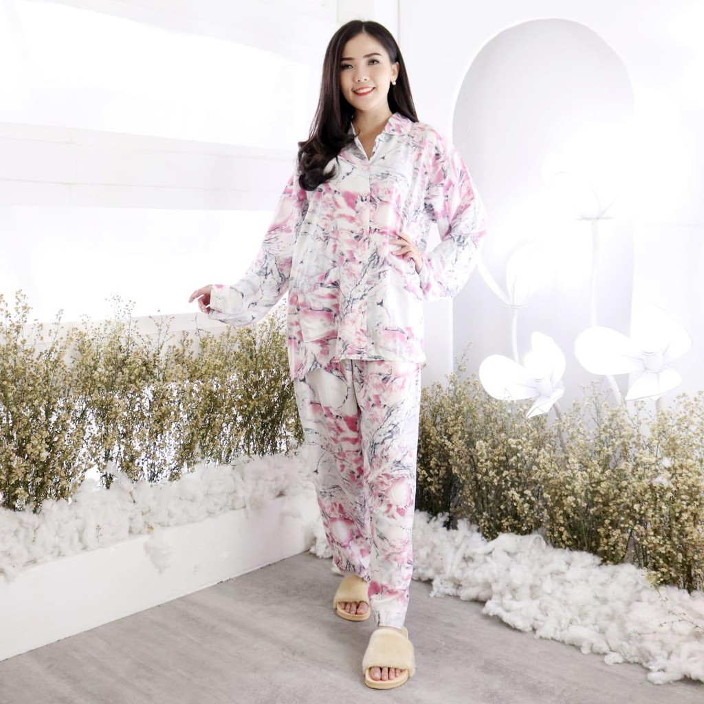 PIYAMA WANITA TIE DIE PANJANG EXTRA BESAR WARNA PINK BAHAN RAYON DINGIN TEBAL ORIGINAL IMPORT MURAH