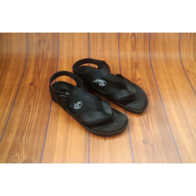 Sandal Pria Casual Sendal Traveling Santai Outdoor Kulit Sintetis Full Hitam