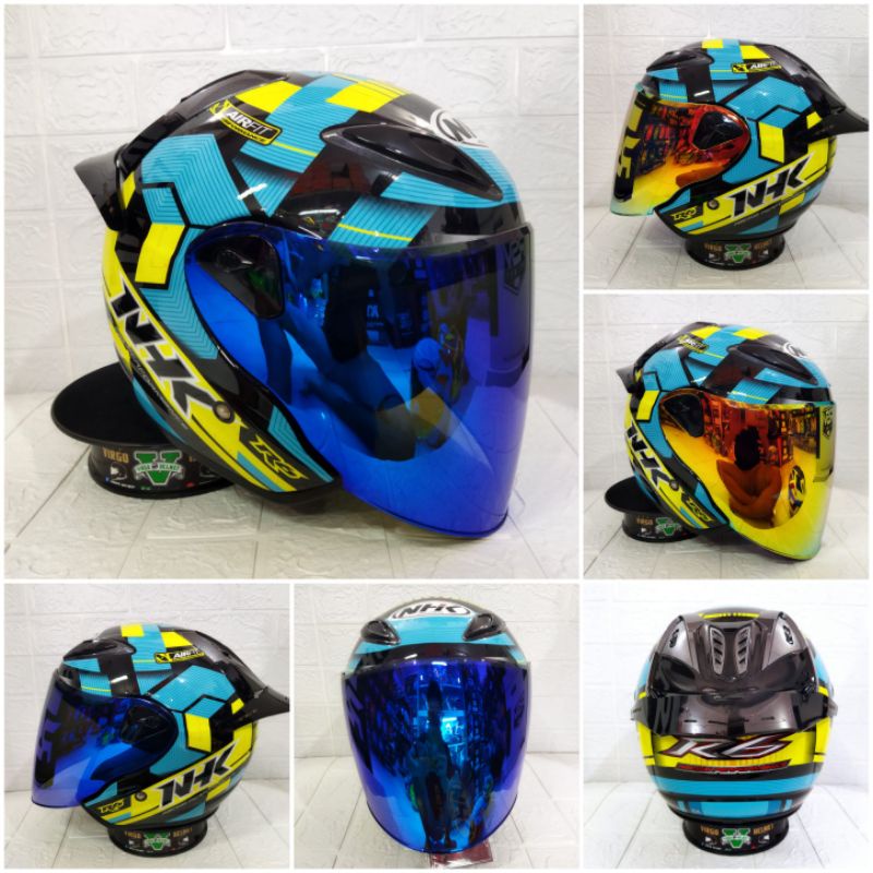 NHK HELM R6 MOTIF CUBE YELLOW BLUE PAKET GANTENG VISOR IRIDIUM + SPOILER