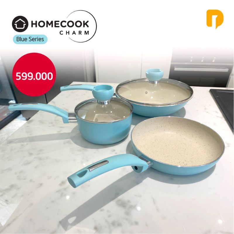 Homecook Charm Blue Series penggorengan panci teflon kuali panggangan tutup kaca sauce pan fry pan w