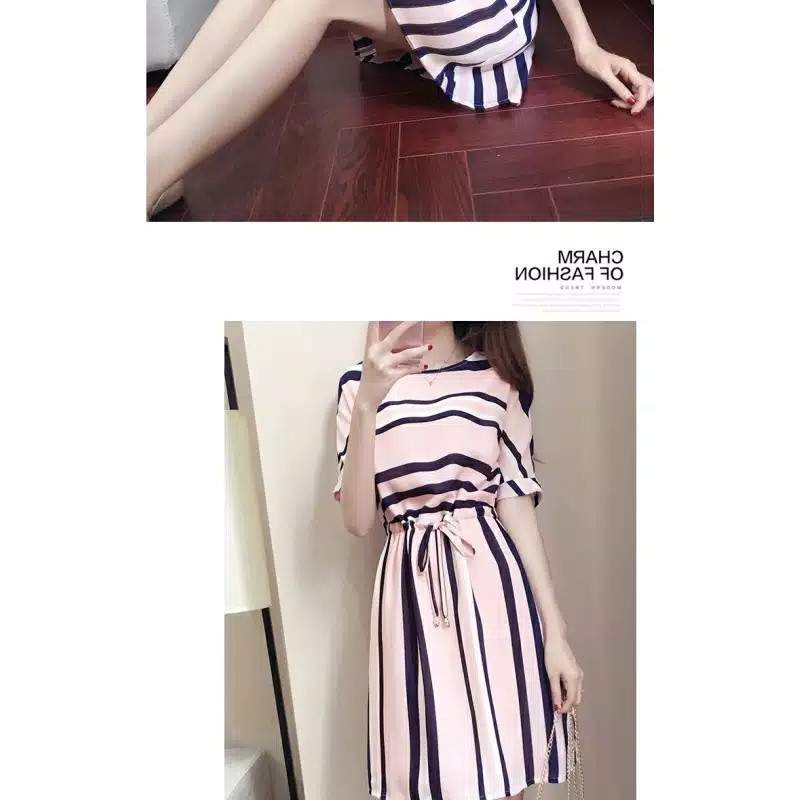 TBI Import Elegant Style Dress M-XXL Stripe Pink Baju Model Korean Style