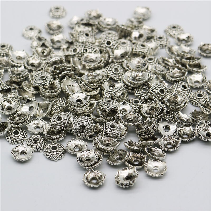 200pcs / lot Manik-Manik Spacer Bunga Lapis Silver Tibet 8mm Untuk Membuat Perhiasan DIY