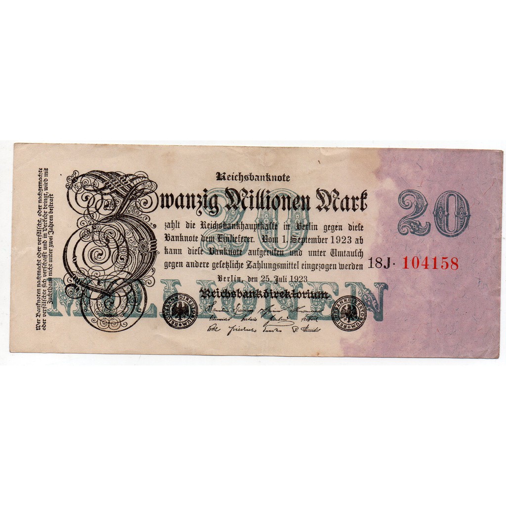 BL 2091 Uang Asing Jerman Lama 20 mark tahun 1920 Bekas Pakai Sesuai Gambar