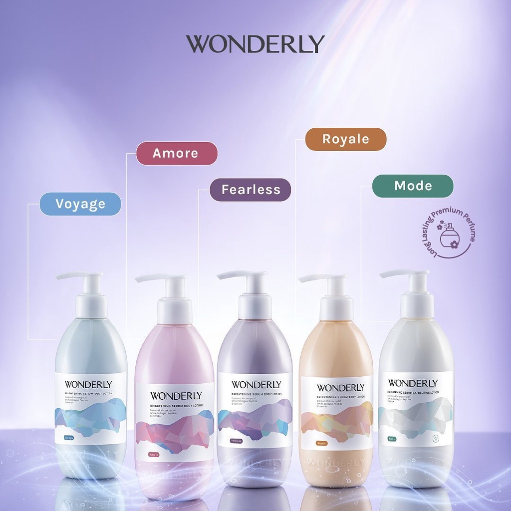 WONDERLY Body Care Indonesia / Brightening Serum Body Lotion Diamond Microcrystal White Collagen Peptide Ceramide 300ml Skincare Skin Treatment Perawatan Kulit Tubuh Pelembab Moisturizer Exfoliating Cream Butter Scrub Gel Royale Fearless Amore Voyage Mode