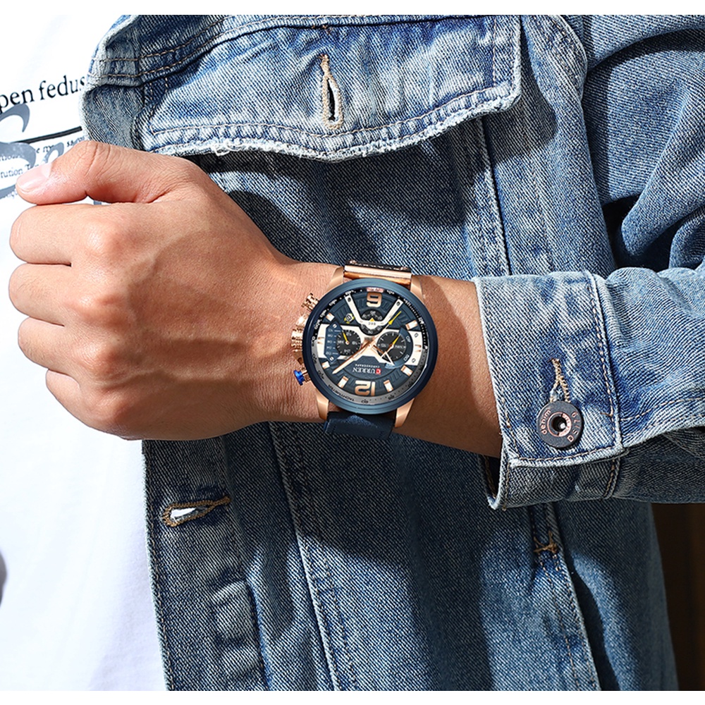 CURREN Jam Tangan Pria Quartz Chronograph Mewah Anti Air dengan Strap Kulit Sport Militer Watch BEST SELLER