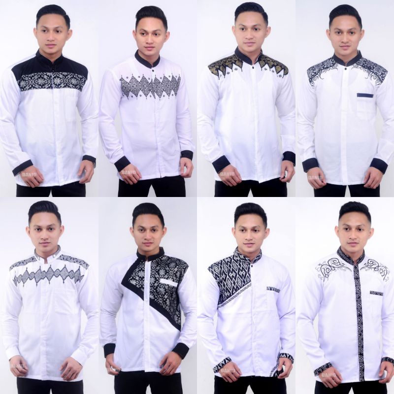 Baju Kemeja Koko Pria Lengan Panjang Warna Putih Bersih Kombinasi Bordir, Baju Lebaran Pria Dewasa M