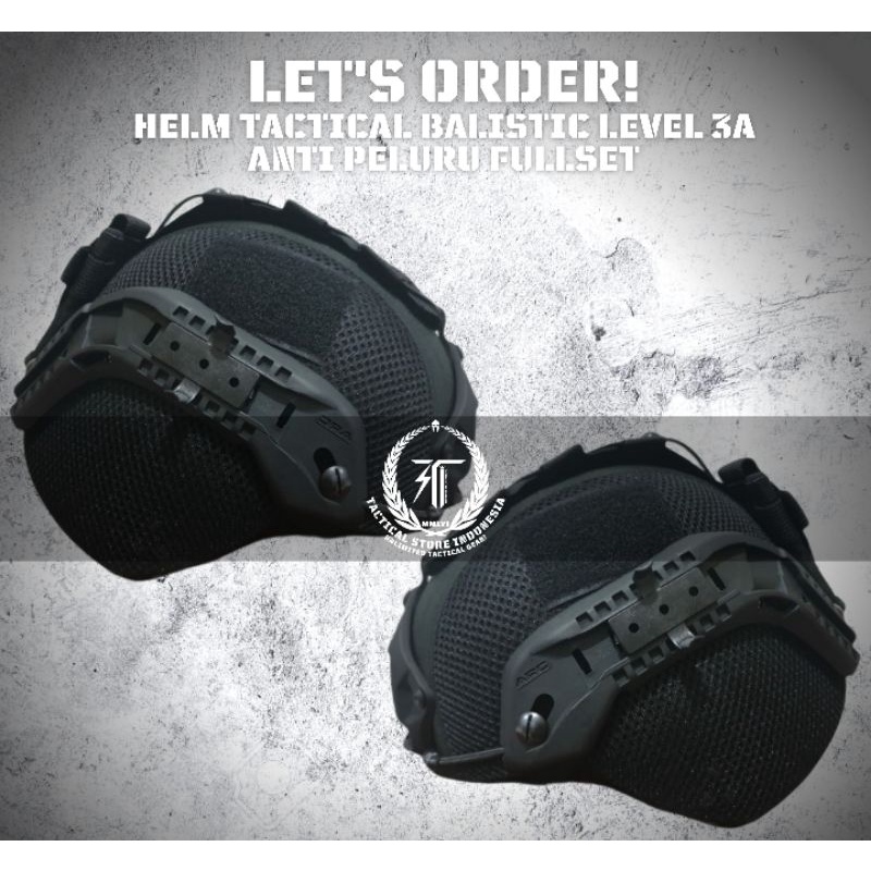 Helm Tactical Balistic Level 3 A Warna Hitam - Versi Kuping Panjang - Helm Baja Anti Peluru