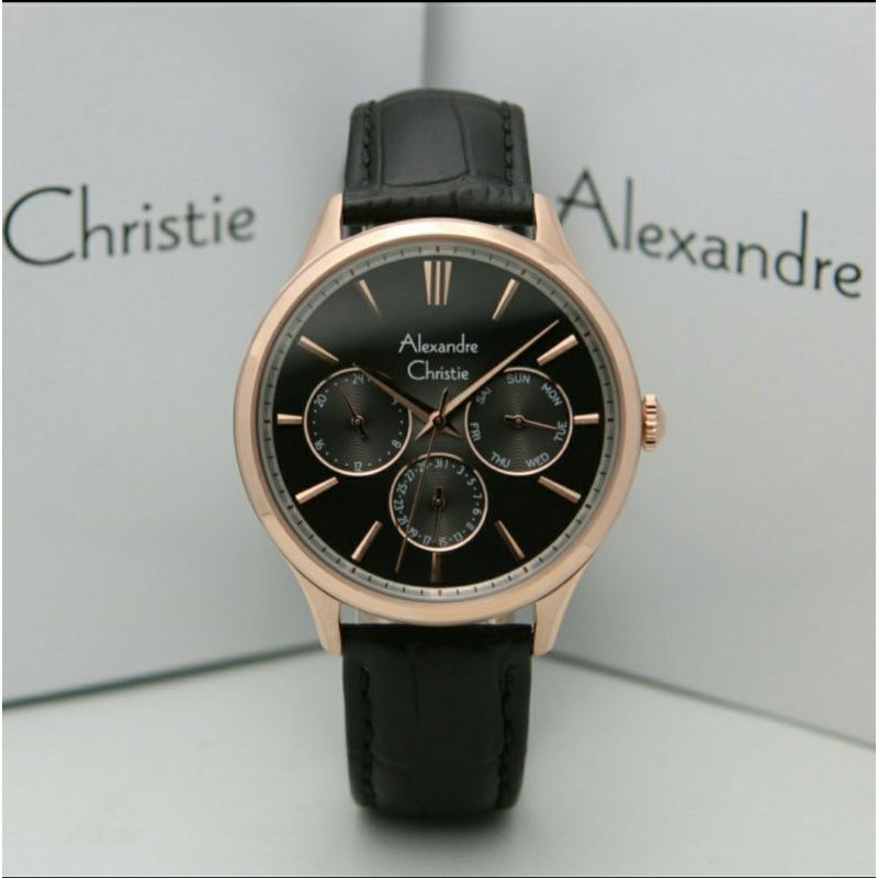ORIGINAL GARANSI RESMI JAM TANGAN PRIA ALEXANDRE CHRISTIE BLACK ROSEGOLD KULIT STRAP ARLOJI WATCH CO