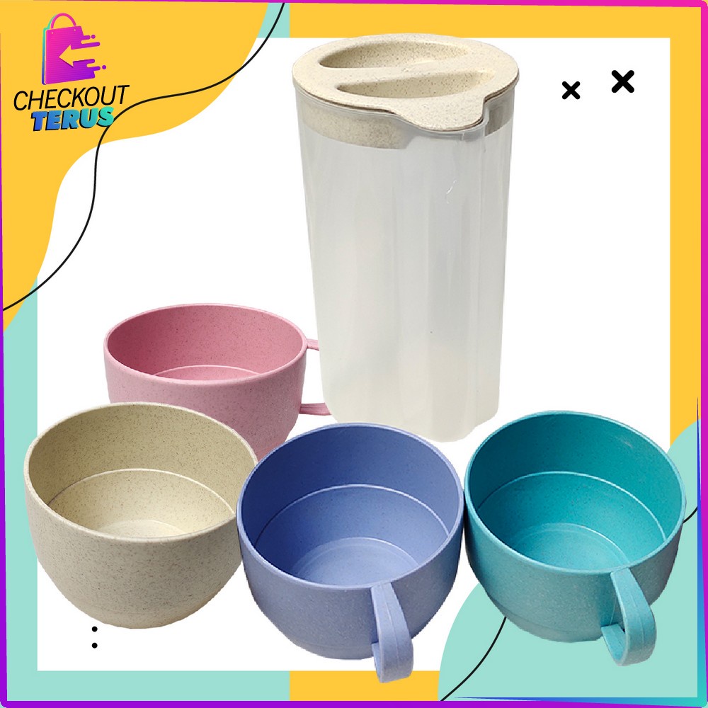 CT C457 Teko Air Set Cangkir Gelas 4IN1 BPA Free Ceret Air Dingin Wheat Straw Food Grade Bahan Plastik Serbaguna