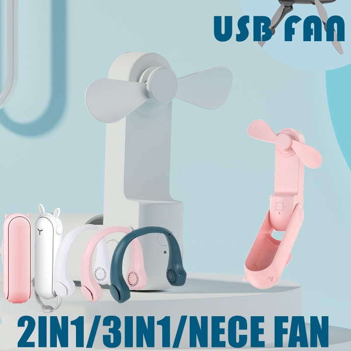 USB Kipas angin mini isi ulang/portabel/Neck Kipas Angin Leher portable Kipas USB + Power bank + Flash light 3in1 Portable Fan Handheld Fan