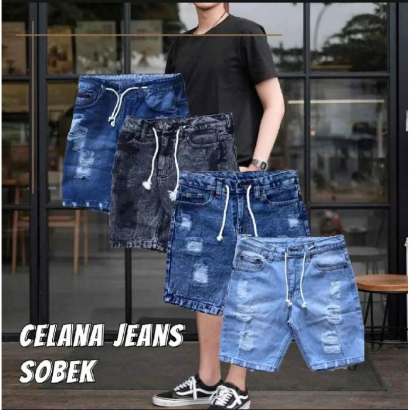 CELANA PENDEK JEANS SOBEK TALI KOLOR RAWIS/CELANA DISTRO PRIA RAWIS