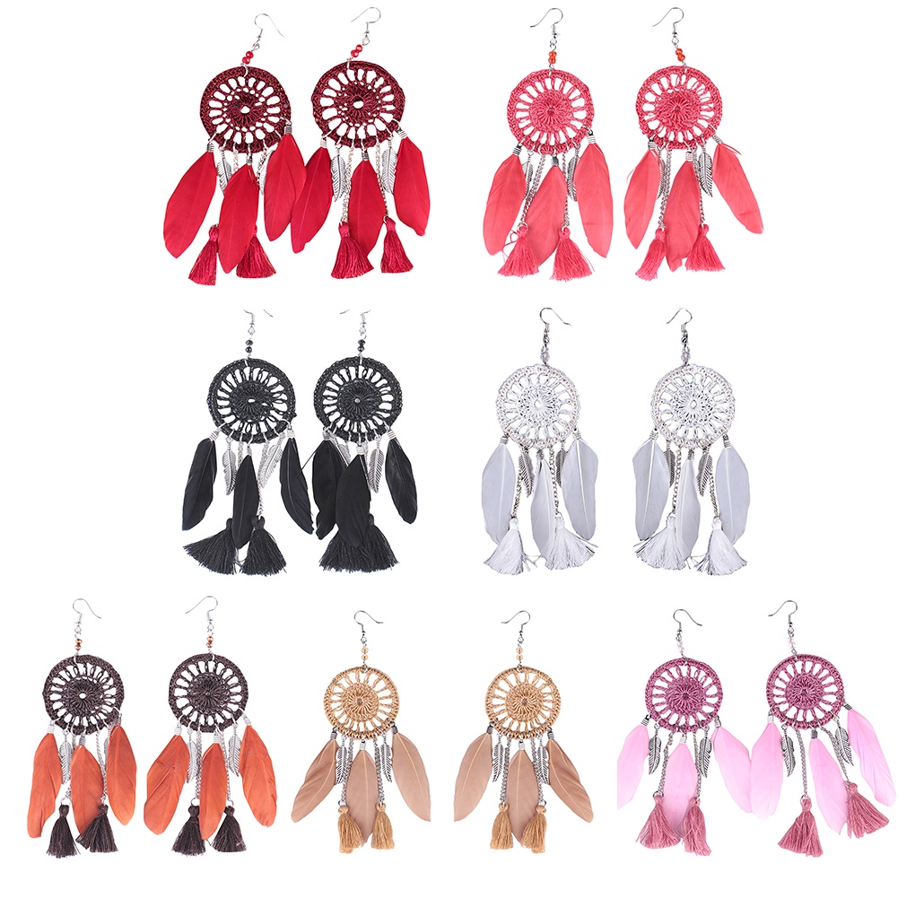 Hu Hu Hu Hu Hu Alat Bantu Pasang Kacamata♡ Anting Kait Gantung Panjang Wanita Desain Dream Catcher Etnik Hias Rumbai