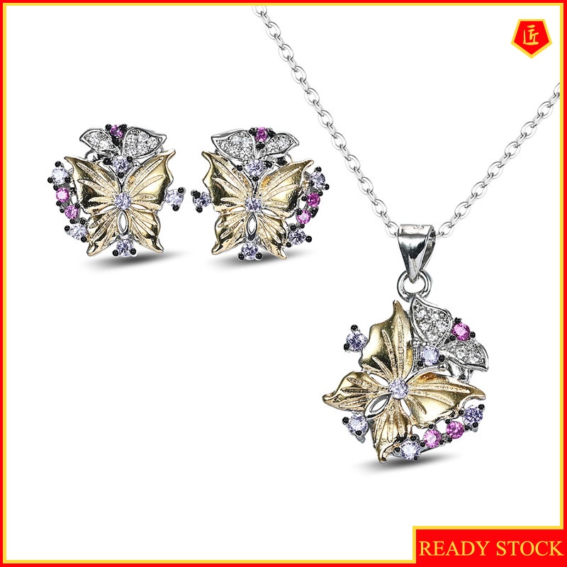 [Ready Stock]18K Gold Two-Color Butterfly Pendant Full Diamond Earrings Set