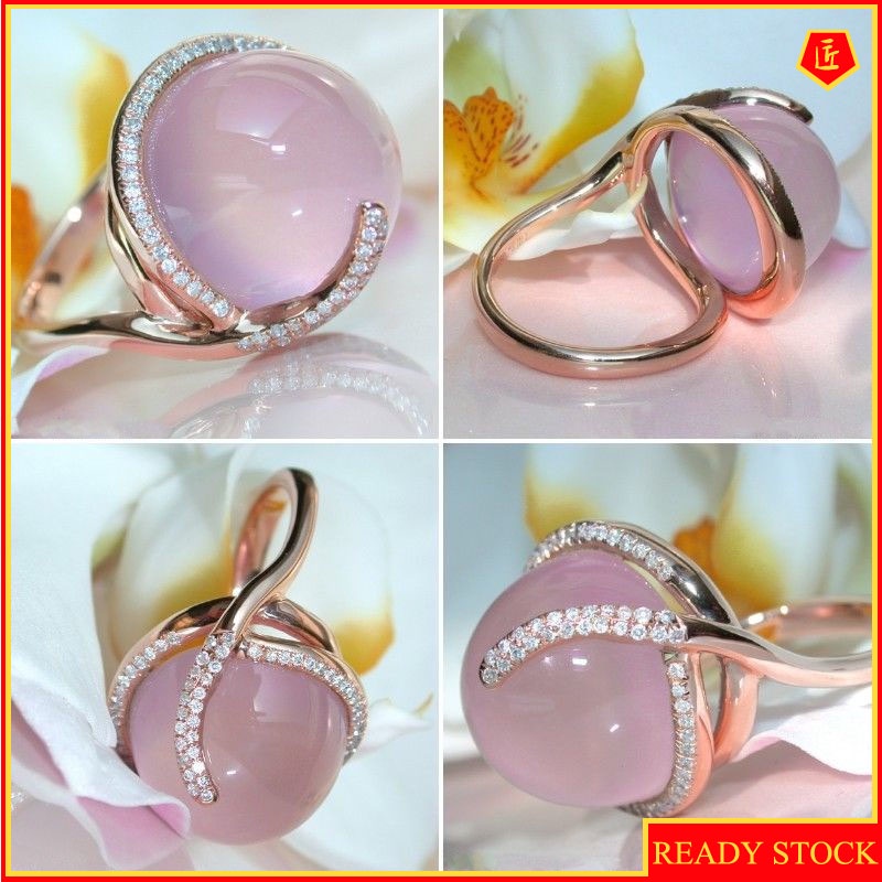 [Ready Stock]Pink Crystal Moonstone Diamond-Studded Ring Sweet and Elegant