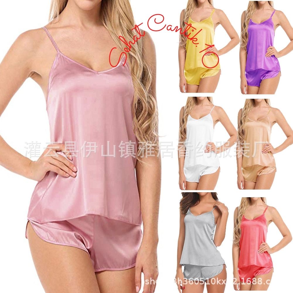 Setelan Baju Tidur Simple Celana Pendek Model Satin Polos Set Gaun Pakaian Baju Linjeri Lingeri Ling