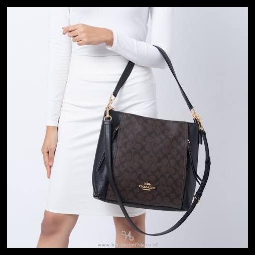 Bag Canvas - Coach Marlon Hobo In Signature Canvas Brown Black Bag Tas Shoulder Ori