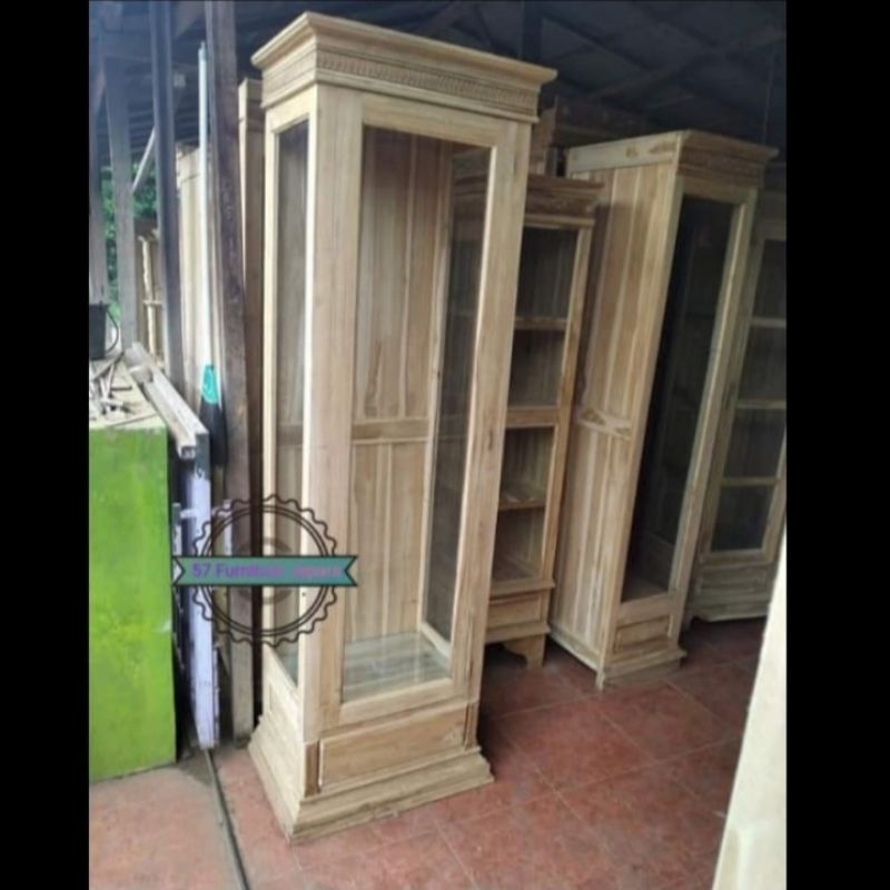 Lemari pajangan jati - Rak kaca tempat boneka/tas hias jati mentahan