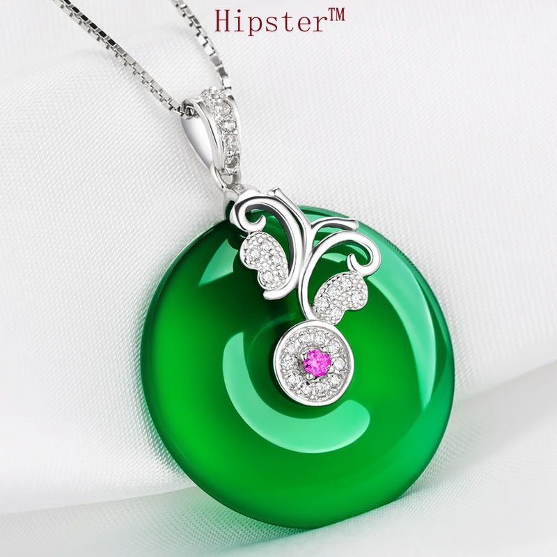 Retro Classic Inlaid Color Diamond Natural Hotian Jade Pendant Necklace