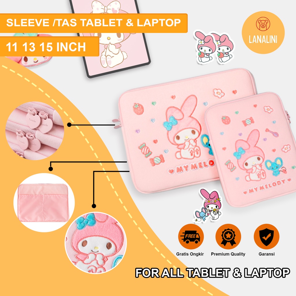 Sleeve Pouch Sarung Tas Bag Case Ipad Tab Tablet Macbook Air Pro Laptop Asus Acer Lenovo HP Huawei 11 12 13 14 15 inch Motif Gambar Kartun Cartoon Karakter Melody Warna Pink Lucu Cute Murah Korean Model Banyak Slot Ruang Stationary