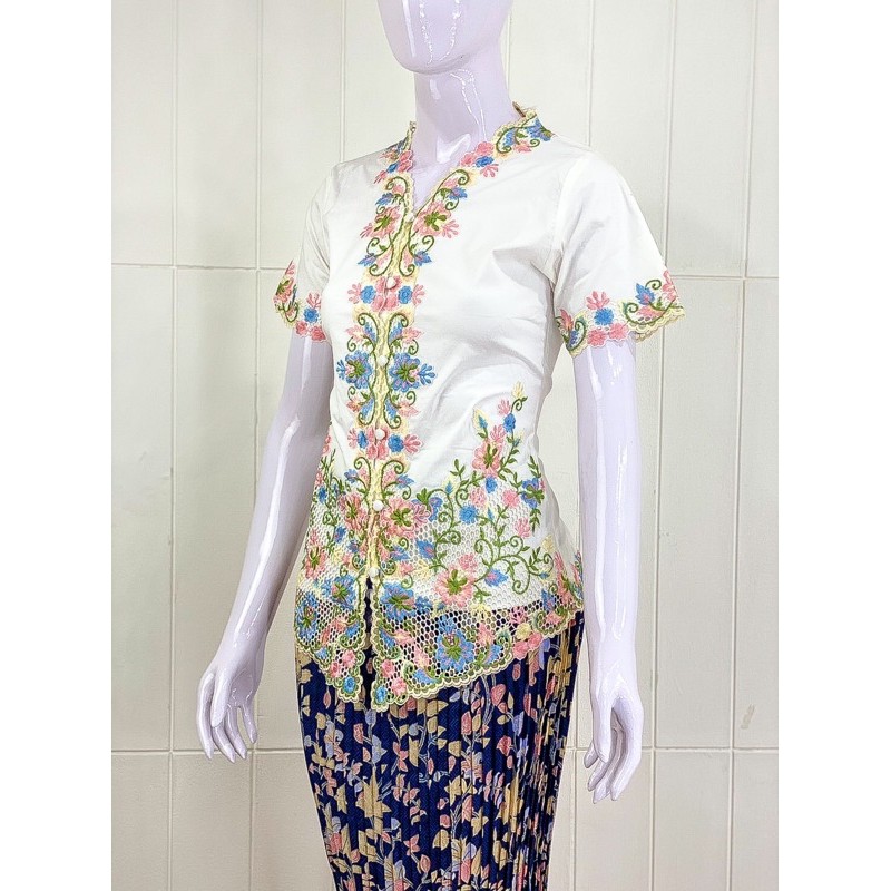 ESW01 - Daliyu KEBAYA ENCIM LENGAN PENDEK BORDIR WARNA Katun Stretch / S M L XL-Putih bw