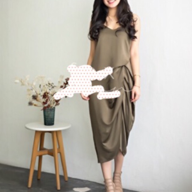 Midi Pleat Serut Dress Pesta Casual Green Army Hijau