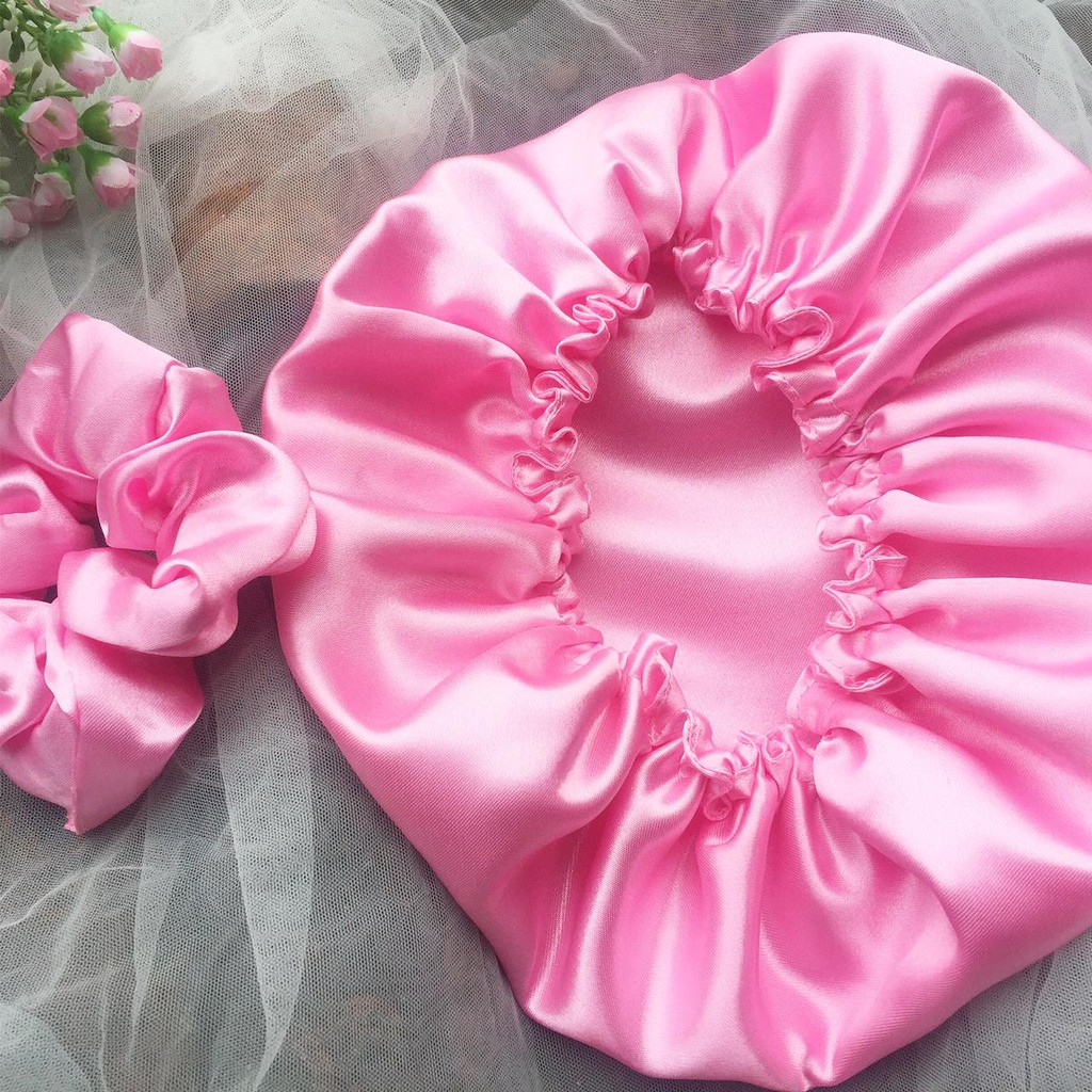 Satin silk Hair Bonnet Bahan Satin Basic + Scrunchie Hair Bonnet Night Sleep Hair Sleep Satin Shower Cap Satin