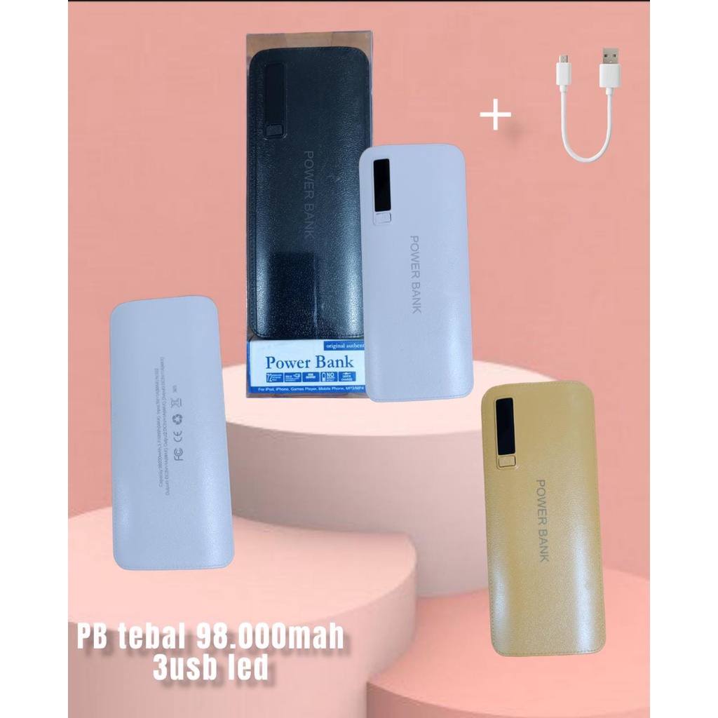Jual Power bank /charger bank tebal polos 3USB LED BRANDED 98.000MAH