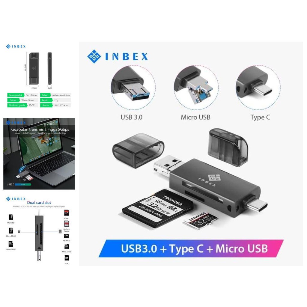inbex card reader kartu memori tf/sd usb 3.0 padat & portable