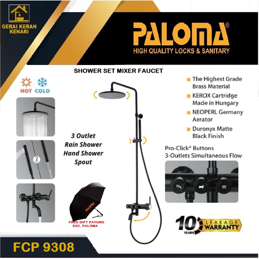 PALOMA FCP 9308 KERAN SHOWER TIANG SET KRAN MIXER MANDI PANAS DINGIN PROKLICK BLACK HITAM