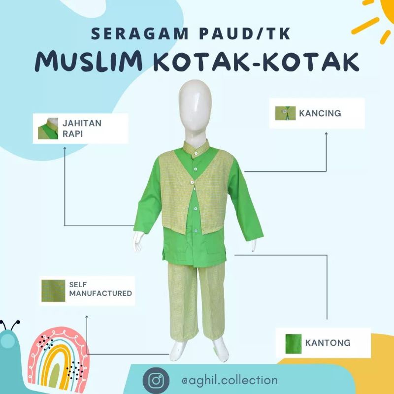 SERAGAM TK/PAUD MUSLIM KOTAK-KOTAK BAJU TK/PAUD KOTAK-KOTAK HIJAU SGR