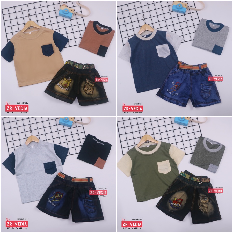 Setelan John Ethes uk 3-4 Tahun /  One Set Lengan Pendek Anak Laki-Laki Celana Jeans Kantong Baju Oblong