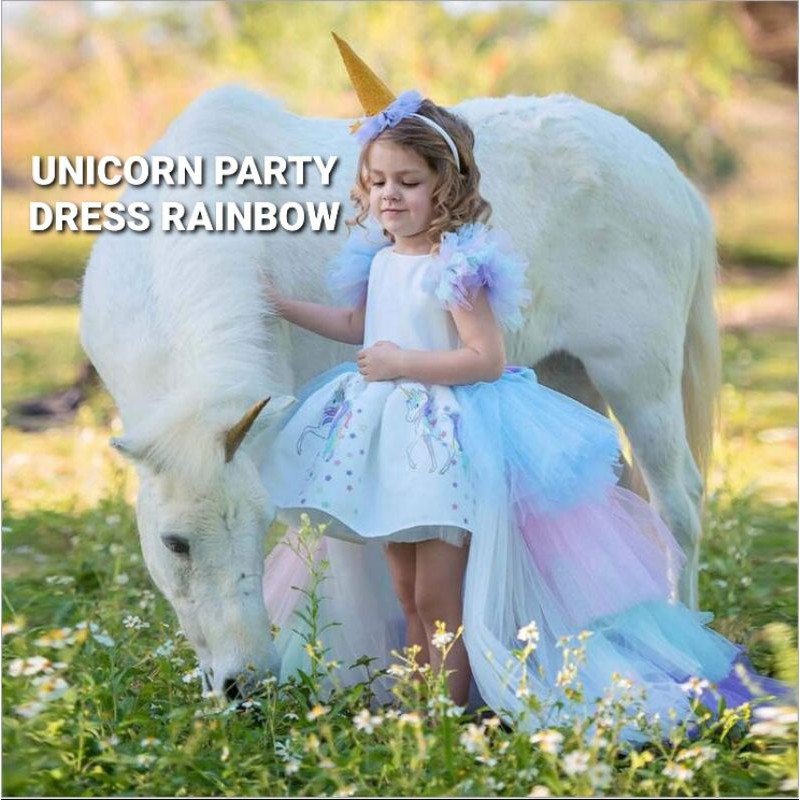 UNICORN PARTY DRESS RAINBOW / GAUN PESTA TUTU ANAK PEREMPUAN MOTIF UNICORN IMPORT BAGUS