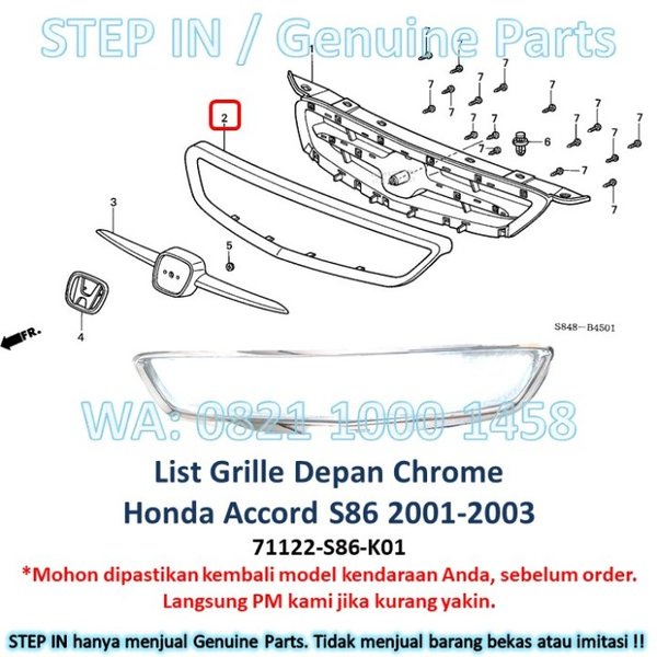 LIS LIst Grille Honda ACCORD S86 2001 2002 2003 Grill chrome vernekel 71122S86K01 baru ORI