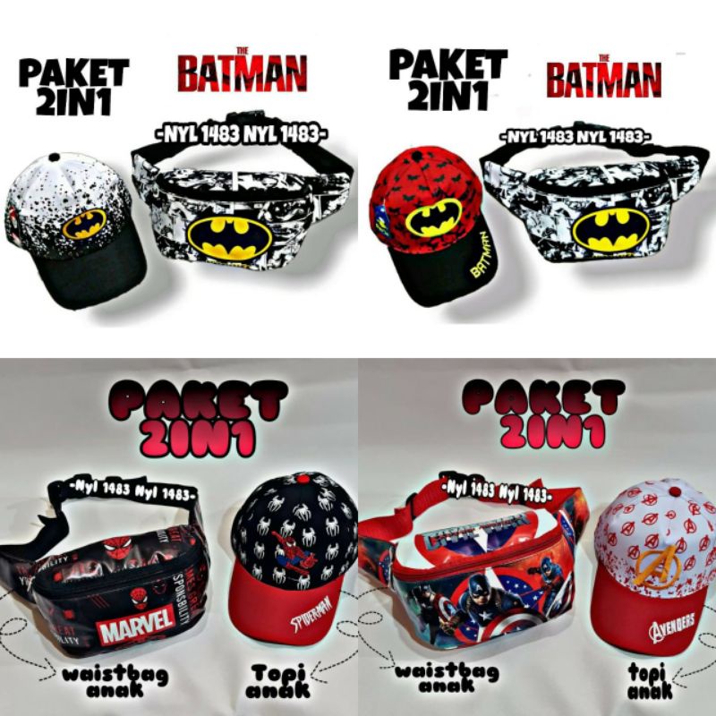 new arrival paket 2in1 tas selempang anak dan topi anak banyak karakter waistbag anak laki laki