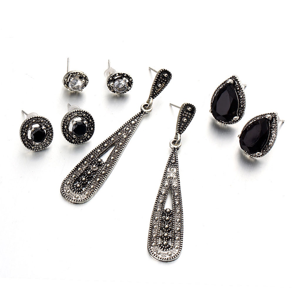 Set 4 Pasang Anting Stud Cubic Zirconia Bentuk Bulat Gaya Bohemian Untuk Wanita