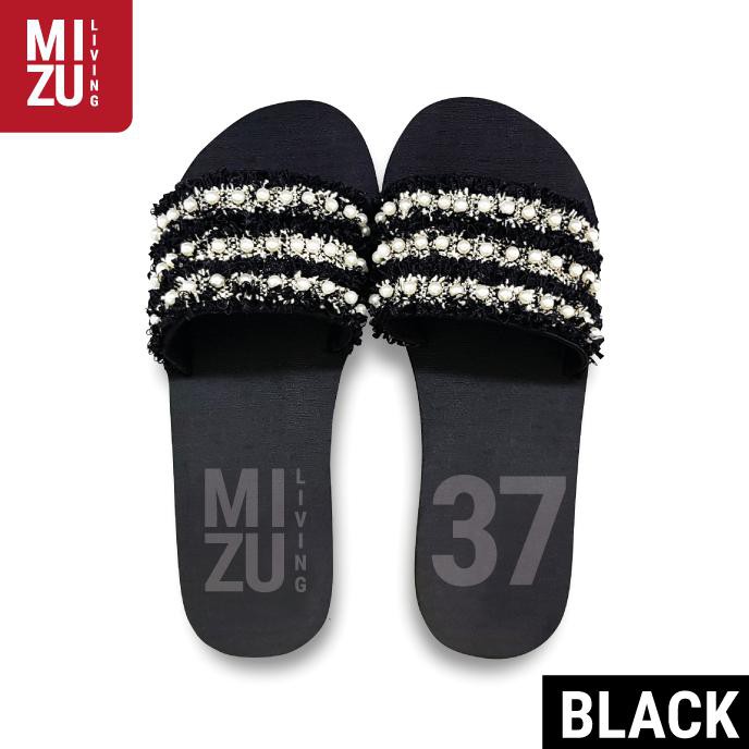 Ready# Sandal Wanita Wedges Flip Flop Chanel Tweed Inspired Mutiara Pearls - Black Hitam, 37