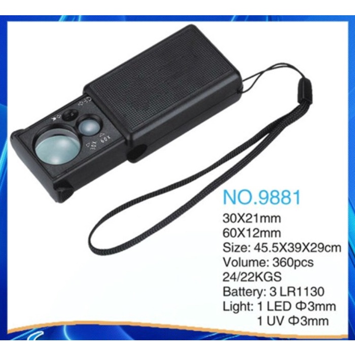 

CODE0C9 9881 Magnifying Glass Kaca Pembesar 30X & 60X Currency LED and LED