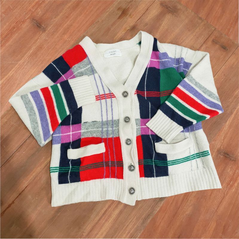 cardigan rajut tartan kotak ketupat crop academia lengan balon