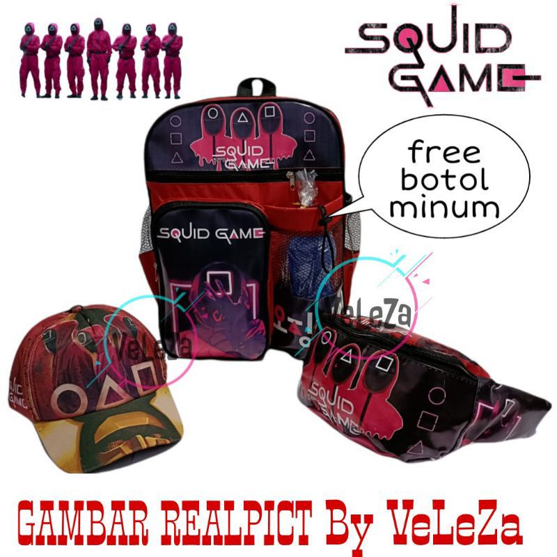 Tas ransel anak laki-laki squiid game gratis botol minum - tas anak