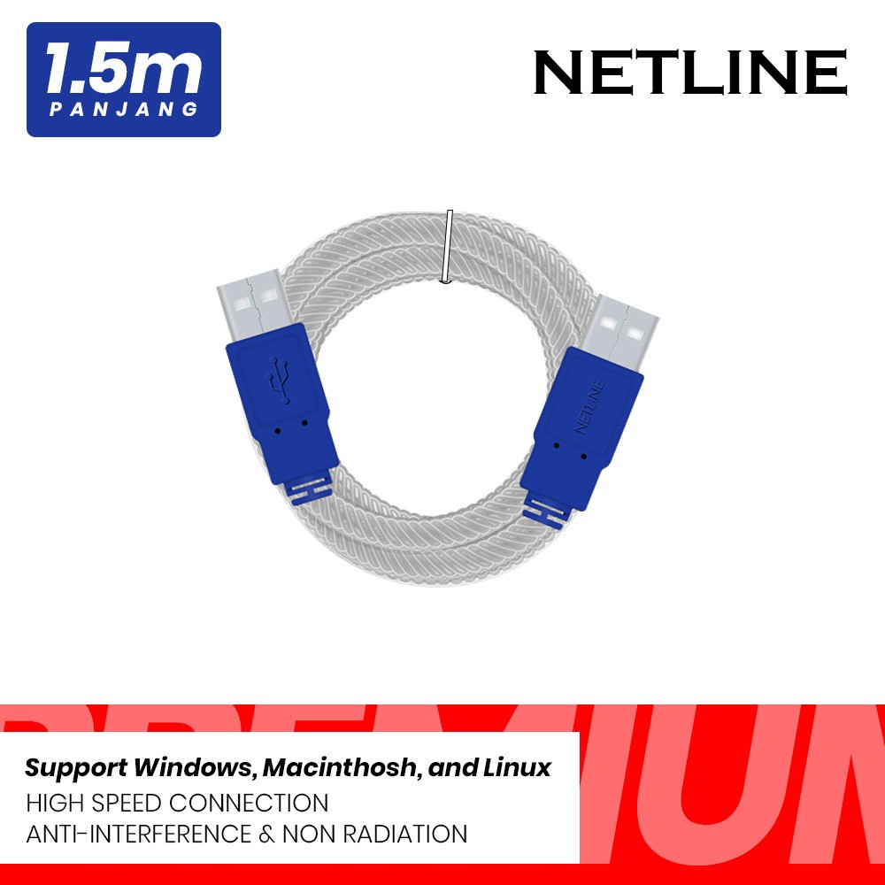 KABEL USB-A MALE TO MALE NETLINE 1.5M 2.0 HIGH SPEED - USB2.0 A-A EXTENSION 1.5 METER