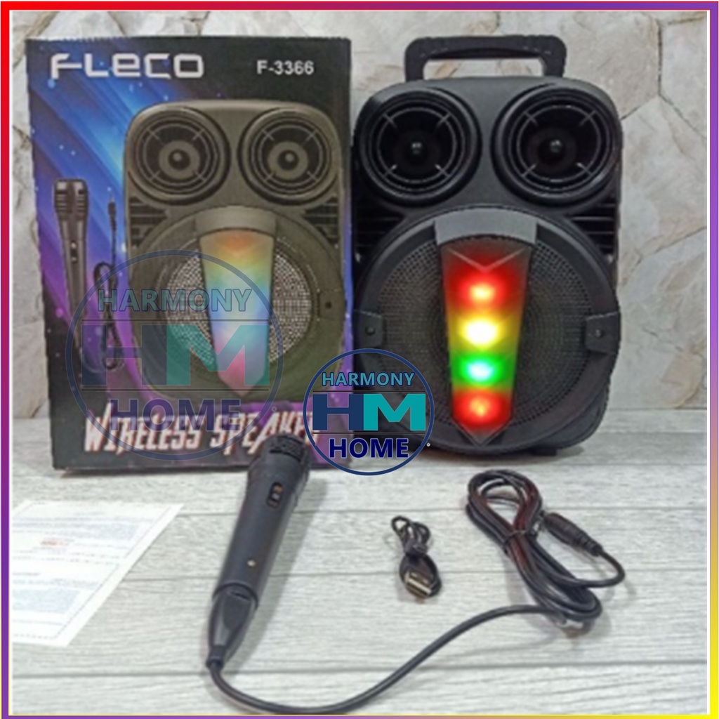 Speaker Bluetooth karaoke Fleco f-3366 TERBARU LED WIRELESS X-BASS free mic