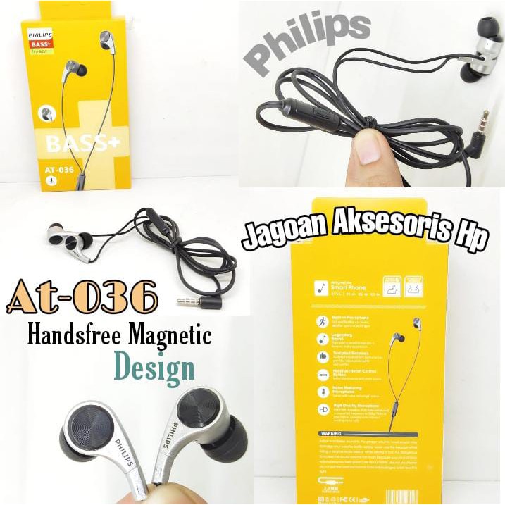 AT-036 Headset PHILIPS Magnetic Design Super Bass Audio AUX 3.5mm with Mic Earphone
