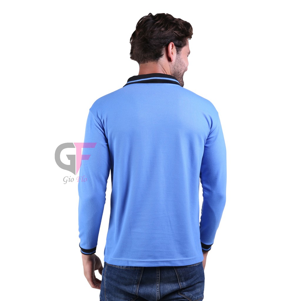 GIOFLO Kaos Casual Polos Berkerah Lengan Panjang Keren Biru Baby Tua / PLS 190