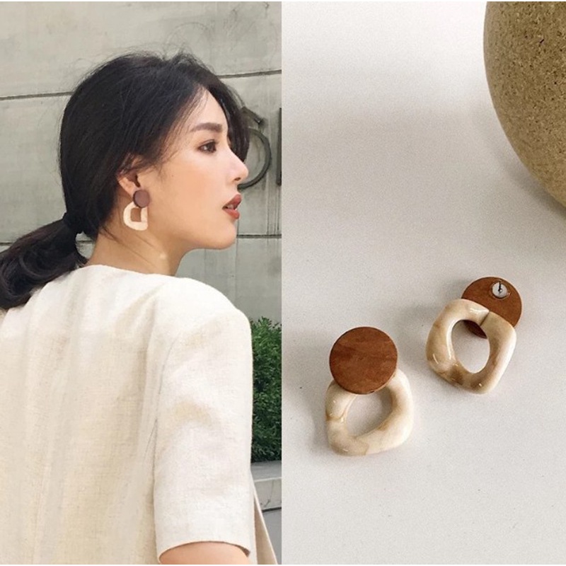 Anting Tusuk Retro Akrilik Vintage Stylish Marble Kayu Ala Korea Untuk Wanita