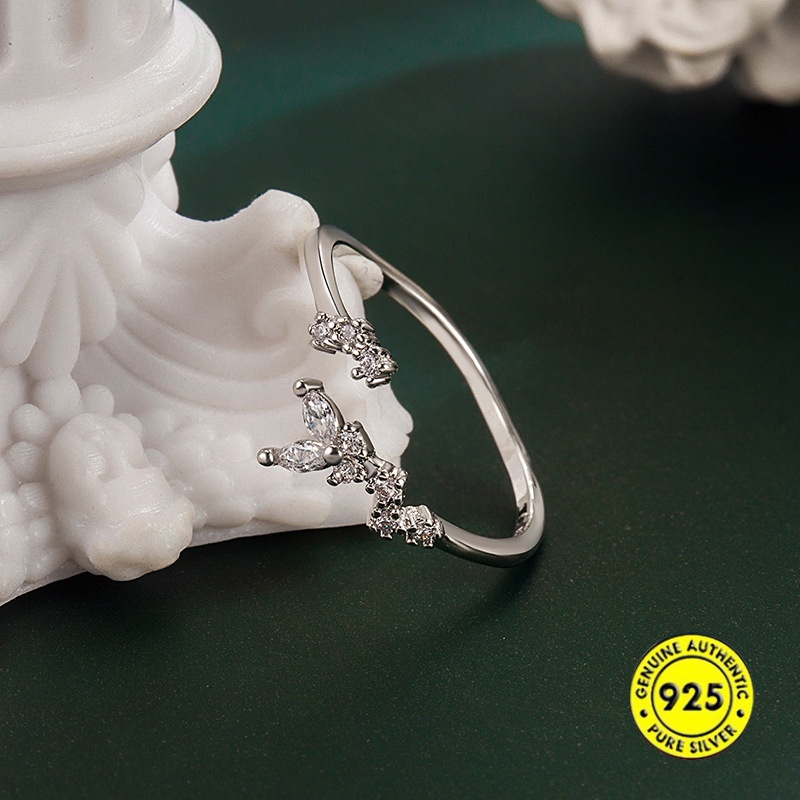 Cincin Sterling Silver 925 Model Terbuka Desain Kupu-Kupu Hias Berlian Untuk Wanita