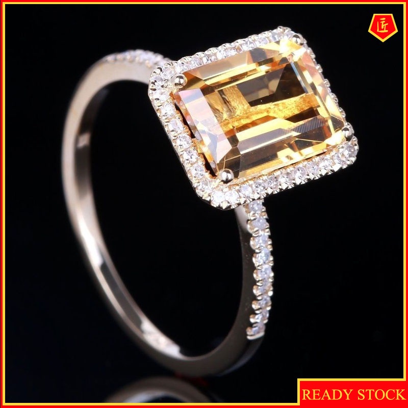 [Ready Stock]Fashion Champagne Square Diamond Ring Micro-Inlaid Yellow Gem