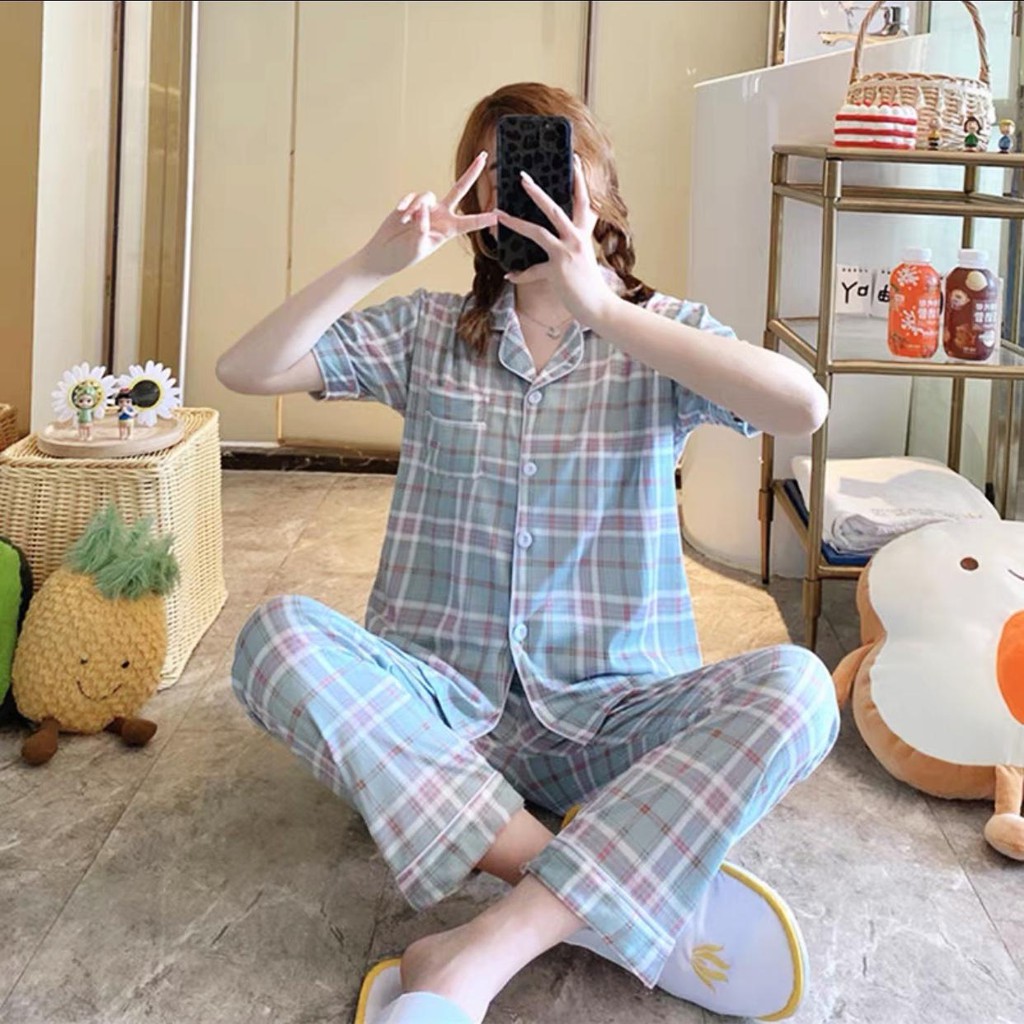 Baju Tidur Piyama Set/Piyama Wanita Import/Baju Piyama Lengan Pendek/Short Sleep Wear A1-A10-A9-Hijau Kotak