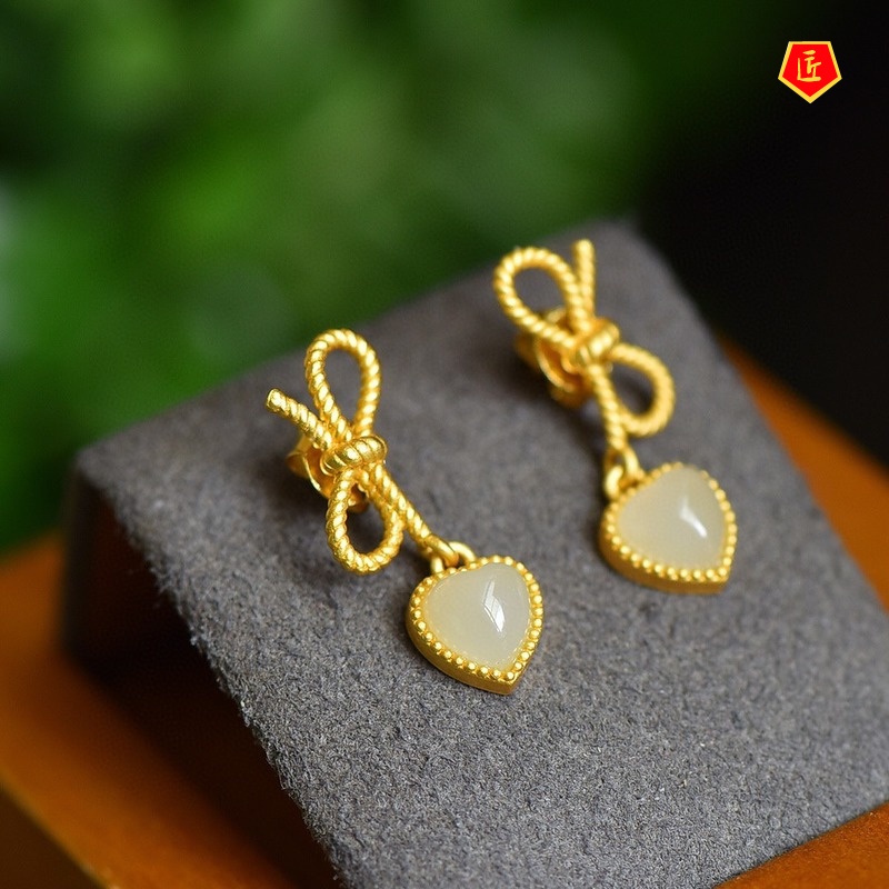 [Ready Stock]Heart-Shaped Jade Gold Graceful Bow Earrings