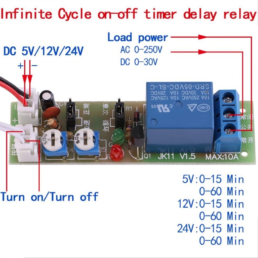 Modul Relay Timer DC ON-OFF 0-15 Menit Siklus dengan Saklar Trigger