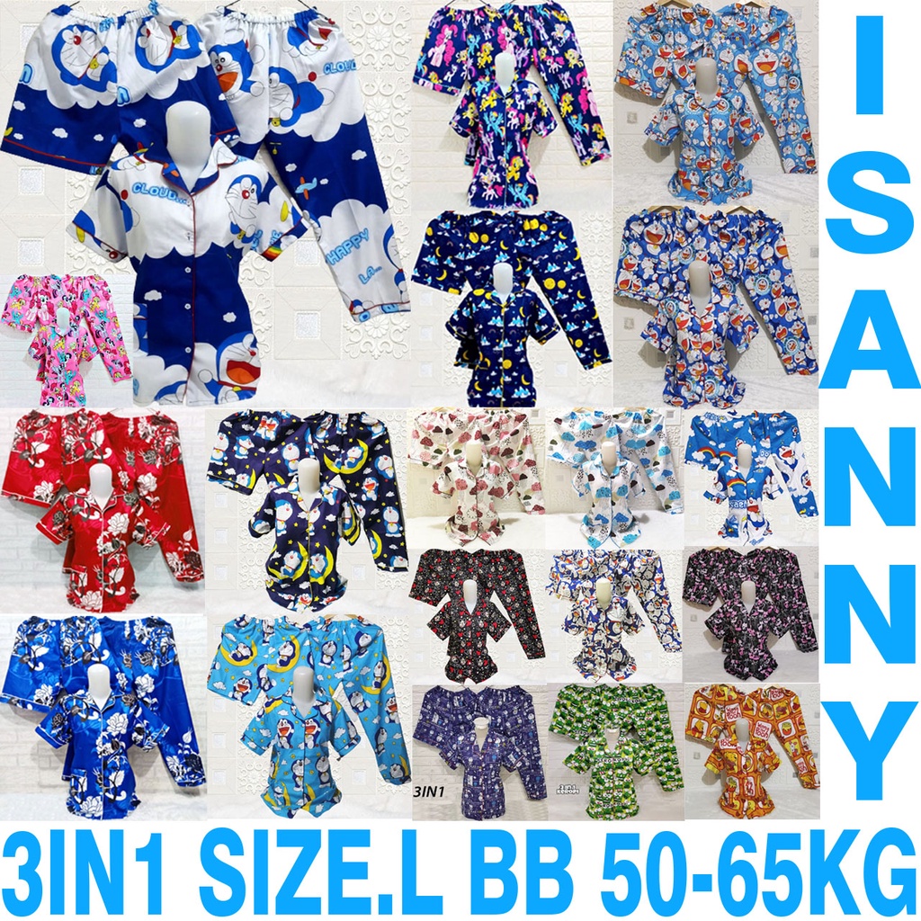 ISANNY PIYAMA 3IN1 CP SIZE.L/ PHO / DORA / AWAN AIR / KEROPY / MIKEY / BUNGA / READY STOK/REAL PICT